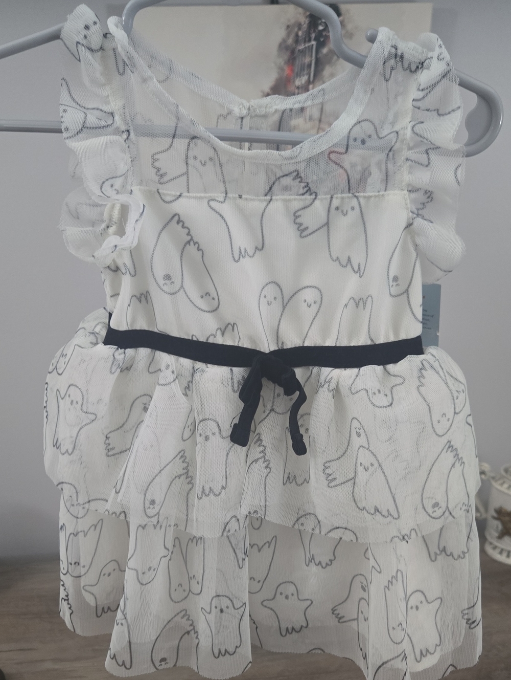 Cat & Jack White Ghost Print Tulle Tiered Dress with Black Waist Tie